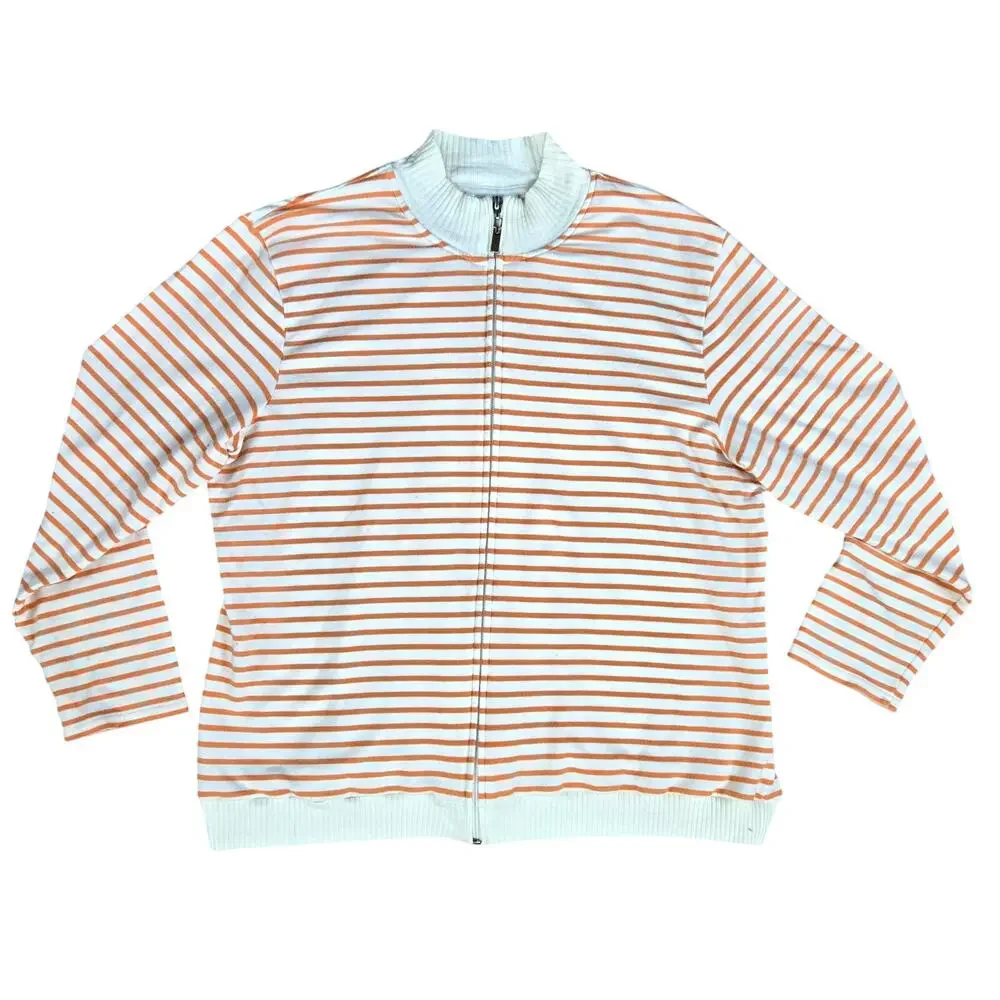 90s Vintage Talbots White Peach Orange Stripe Full Zip Mock Neck Sweater Size 1X